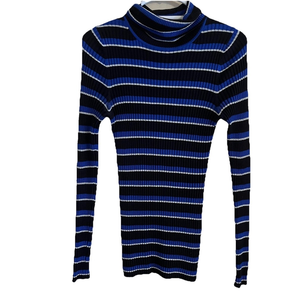 VTG 80s Ribbed Knit Turtleneck Sweater‎ M/L Striped Blue Black  Fitted Retro